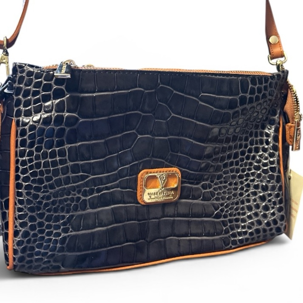 Classic Valentina Leather Croc-Textured Crossbody Bag in Black and Brown, new, - Picture 2 of 10